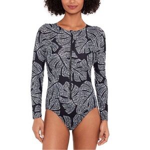 Eco Beach One-Piece Zip-Front Black/White Swimsuit, UPF 50+, NWT, Sz. M